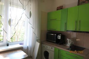 a kitchen with green cabinets and a microwave at WILLOW apartamenti in Liepāja