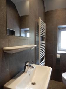 La salle de bains est pourvue d'un lavabo et d'un miroir. dans l'établissement Recreatieappartement BoerdeRijlst - De Winkel, à Sint Nicolaasga