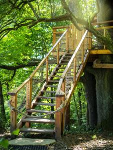 una escalera de madera que conduce a una casa en el árbol en Stromodomek Vlčková en Zlín