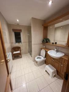 une salle de bains avec toilettes et lavabo dans l'établissement WATERSIDE 3 BED COTTAGE, HOT TUB, SAUNA, PVT BEACH, à Arrochar 49 autres photos