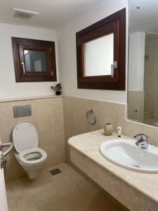 a bathroom with a toilet and a sink and a mirror at Hawana apartment in Salalah