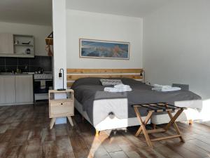a bedroom with a large bed and a kitchen at Chalten Mountain Lofts 4 in El Chalten