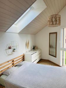 a bedroom with two beds and a mirror at Magnifique maison avec vue sur lac Léman in Saint-Legier-La Chiesaz