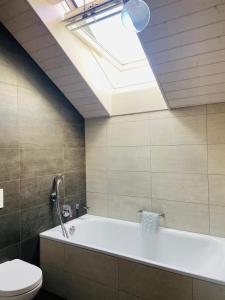 a bathroom with a tub and a toilet and a skylight at Magnifique maison avec vue sur lac Léman in Saint-Legier-La Chiesaz