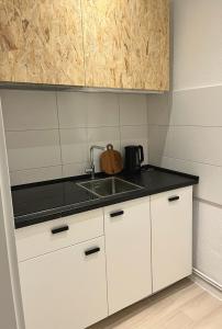 a kitchen with white cabinets and a sink at LE-Host in Leipzig