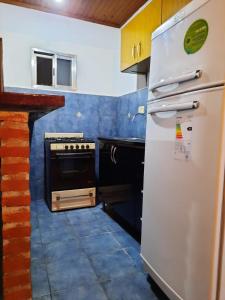 uma cozinha com um frigorífico branco e paredes azuis em del PARANA em Corrientes