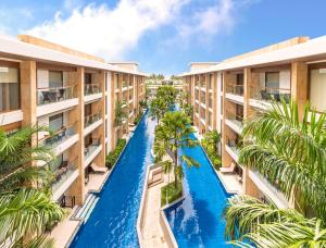 an aerial view of the resort buildings with a water slide at Henann Crystal Sands Resort in Boracay