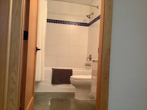 a bathroom with a toilet and a bath tub at Flo inn in Ucluelet
