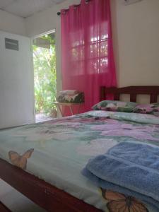 a bedroom with a bed with pink curtains and a window at Hostal Brisas Calobrenas in Calobre