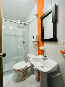 a bathroom with a toilet and a sink and a tv at Hotel San Gabriel in El Cocuy
