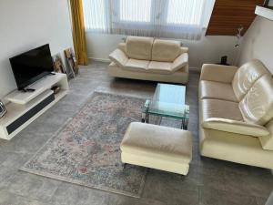 a living room with two couches and a tv at Apartment near Bonn/Cologne with nature access in Troisdorf