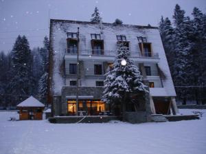 a large building with a christmas tree in the snow at Pensiunea Rasnoava in Predeal