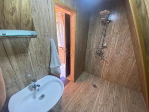 ein Bad mit einem Waschbecken und einer Dusche in der Unterkunft A Frame Cottage in Varjanisi - Batumi in K'eda