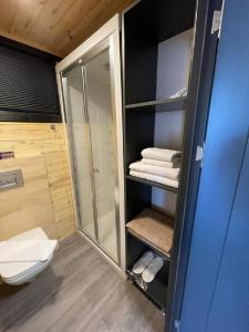 a bathroom with a shower and a toilet and towels at Bitez Tiny House & Beach in Bodrum City