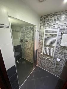 a bathroom with a shower with a glass door at Central Station Studios in Prague