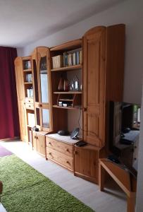 a room with wooden book shelves and a television at Ferienhaus am Geiseltalsee in Braunsbedra