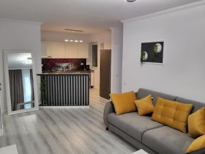 Il comprend un salon avec un canapé et une cuisine. dans l'établissement Dacrilo Apartments Cluj-Napoca 11, à Cluj-Napoca