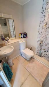 a bathroom with a white toilet and a sink at Charming Lake House nature retreat in Cotswold Water Park, South Cerney near Cirencester in Cirencester