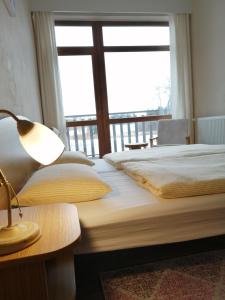 two beds in a room with a large window at Hotel Chytrov in Volfířov