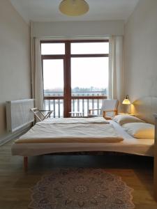 a bedroom with a large bed with a large window at Hotel Chytrov in Volfířov
