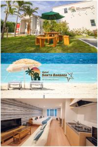 a collage of two pictures of a house and a beach at Hotel Santa Barbara Miyakojima Resort in Miyako-jima