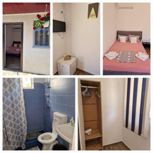 a collage of four pictures of a bathroom and a bedroom at Pagini Din Vama in Vama Veche