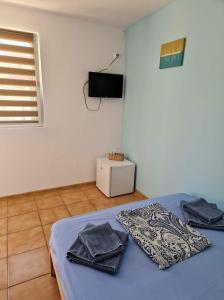 a bedroom with a bed with blue sheets and a television at Pagini Din Vama in Vama Veche