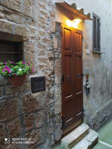 une porte dans un bâtiment en pierre avec une plante en pot dans l'établissement Appartamenti a Pitigliano, à Pitigliano