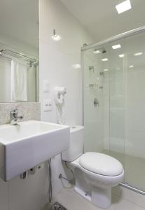ein Bad mit einem Waschbecken, einem WC und einer Dusche in der Unterkunft Royal Design Savassi Hotel in Belo Horizonte