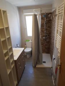 y baño con cortina de ducha y aseo. en Vivienda con 3 habitaciones PRÍNCIPE del SILENCIO, en Gijón