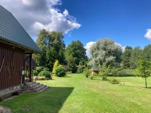 einen Hof mit einem Haus und Bäumen im Hintergrund in der Unterkunft Nature Resort Stirnelė in Kraujeliai