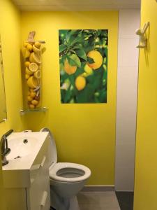 a yellow bathroom with a toilet and a sink at Studio Au jardin fleuri in Verviers