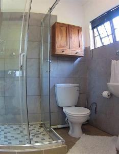 a bathroom with a toilet and a glass shower at Kuru-Kuru Guesthouse in Kuruman