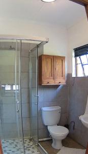 e bagno con servizi igienici e doccia in vetro. di Kuru-Kuru Guesthouse a Kuruman