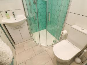 a bathroom with a shower and a toilet and a sink at Darrowby Barn in Skipton