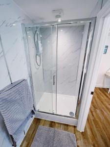 a shower with a glass door in a room at Prosper House Apartment 6 in Norwich
