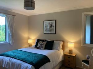1 dormitorio con 1 cama grande y 2 lámparas en Cedar Lodge, en Oban