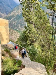 a group of people walking down a mountain path at MOUNTAIN HOME STAY -RANG, at Reckong Peo - Kalpa, Near Goyal Motors, Way to Petrol Pump at ITBP Quarters in Kalpa