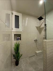a bathroom with a shower with a plant in it at ILoveHome Grez in Kalamata