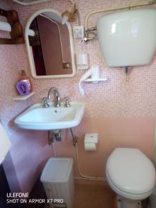 La salle de bains est pourvue d'un lavabo, de toilettes et d'un miroir. dans l'établissement AFFITTACAMERE MINA, à Sigillo