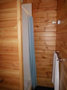 La salle de bains est pourvue d'une douche et de murs en bois. dans l'établissement B&B Willow Springs Way Station, à Gouvy