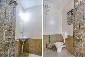 two pictures of a bathroom with a toilet and a sink at FabHotel Galaxy Inn in Pune