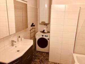 łazienka z umywalką i pralką w obiekcie KOSI Thermen-Vulkanland Appartement w mieście Fürstenfeld +37 zdjęć