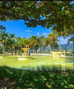 a park with a fountain in the middle of a green field at Pérola de Santos House in Santos