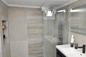 een badkamer met een wastafel en een glazen douche bij Friendly Flat 3 in Edessa
