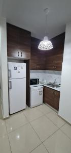 a kitchen with a white refrigerator and wooden cabinets at Oytam apt in Nicosia