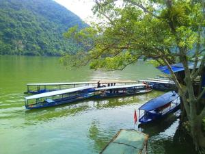 um grupo de barcos ancorados num rio em Pac Ngoi Village Homestay em Ba Be18