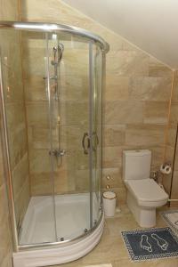 a shower stall in a bathroom with a toilet at VİLLA ALP'S TRİPLEX LAGOON HAVUZ OLANAĞI SUNAN in Belek