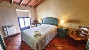 1 dormitorio con cama, lámpara y silla en Casa Tinoco Casa Rural Categoria Superior en Fuenteheridos