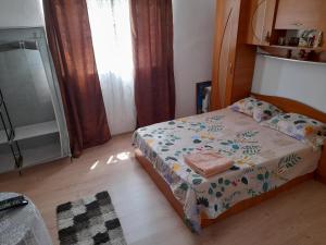ein kleines Schlafzimmer mit einem Bett und einem Fenster in der Unterkunft Casa Alex in Cîrţişoara